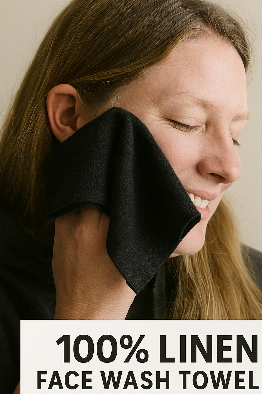 Person using a black linen face wash towel with text about 100% linen face wash towels and a disabled-owned business.